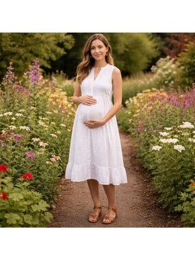 The Nines by Hatch Maternity Sundress Size L White Pintucks Button-Front Ruffle